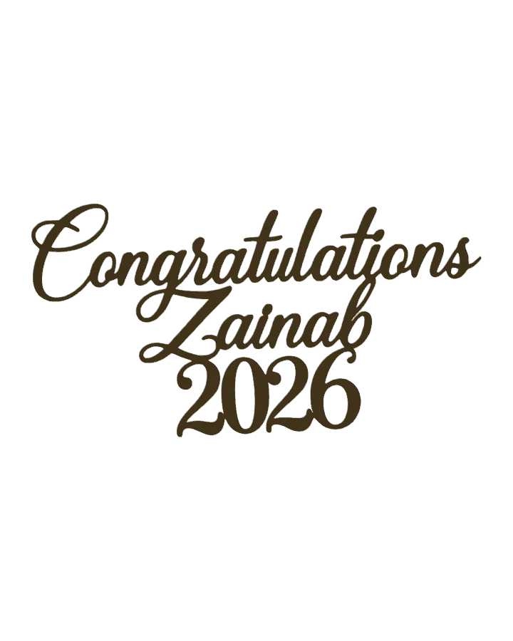 Interactive metallic-gold 3D model of the Congratulations Zainab 2026 cake topper