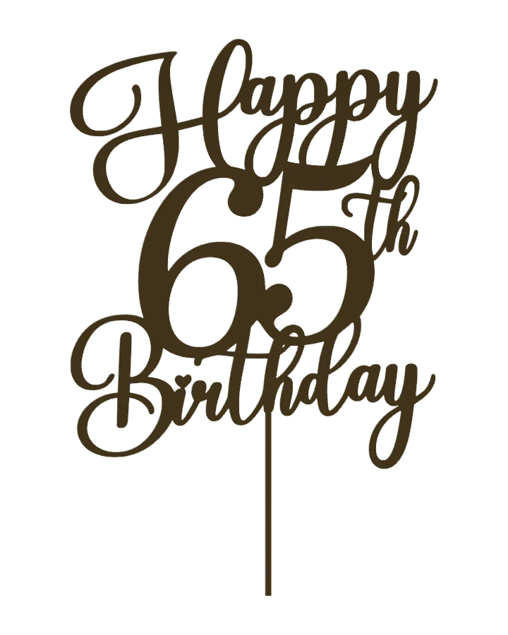 Interactive metallic-gold 3D model of the Happy 65th Birthday cake topper