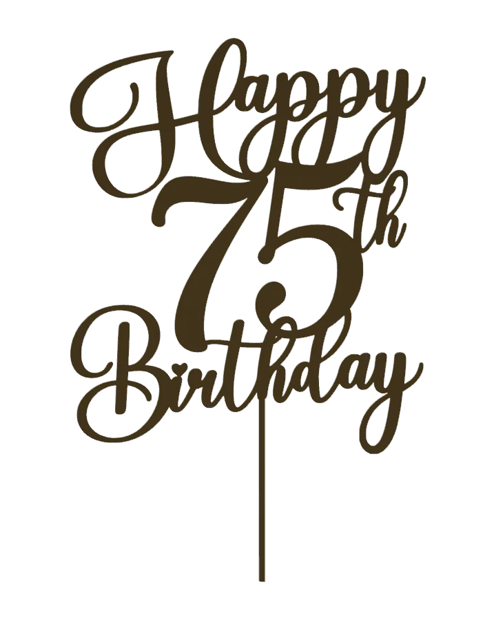 Interactive metallic-gold 3D model of the Happy 75th Birthday cake topper