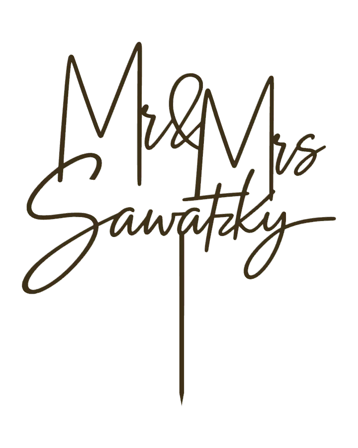 Interactive metallic-gold 3D model of the Mr & Mrs Sawatsky cake topper